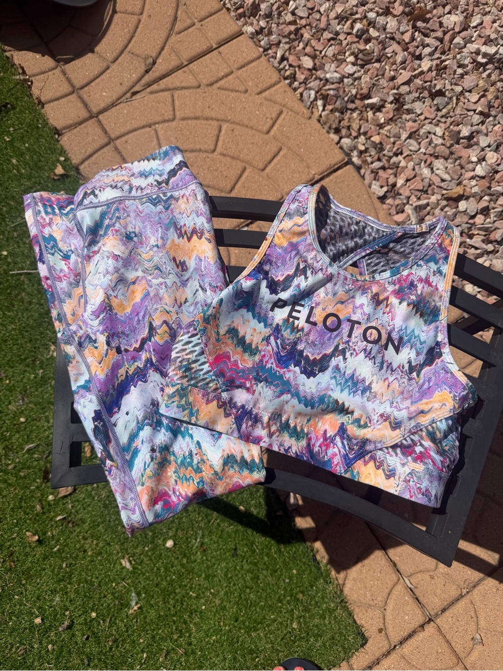 Peloton Purple Teal Peach Wave-Print Sports Bra & Leggings